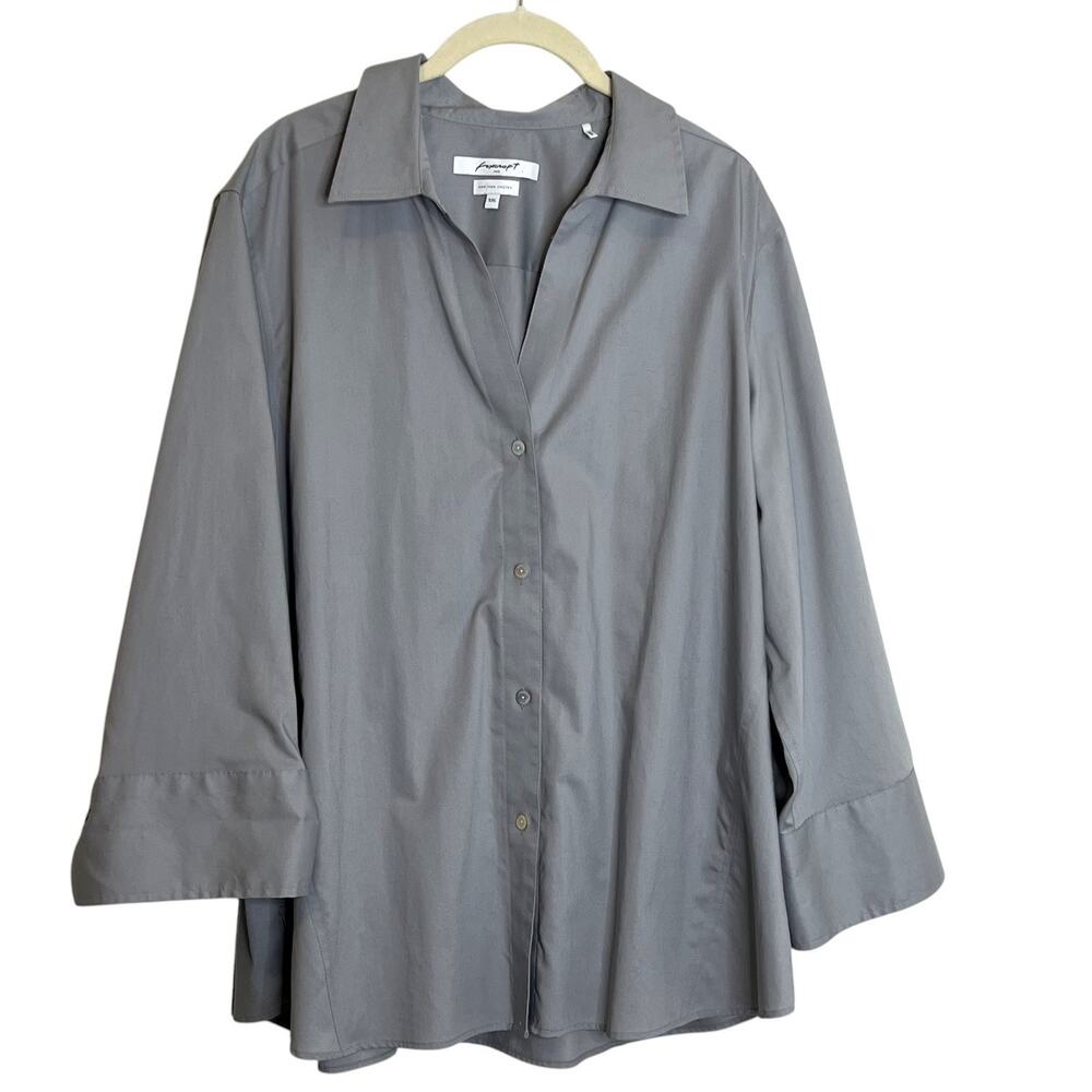 Foxcroft NYC Non Iron Stretch Button Front Shirt XXL Gray 3/4 Sleeve